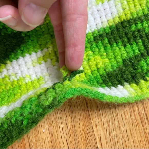 Vintage Handmade Crocheted Yellow, Green & White Striped Blanket With Fringe - Picture 9 of 9